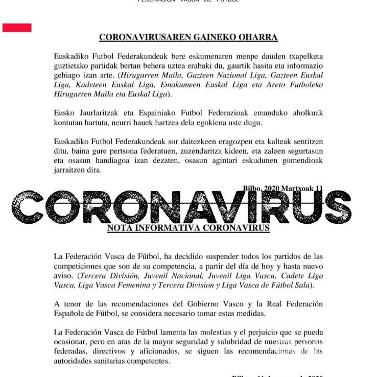 Lee más sobre el artículo Comunicado «Coronavirus» – Federación Vasca de Fútbol